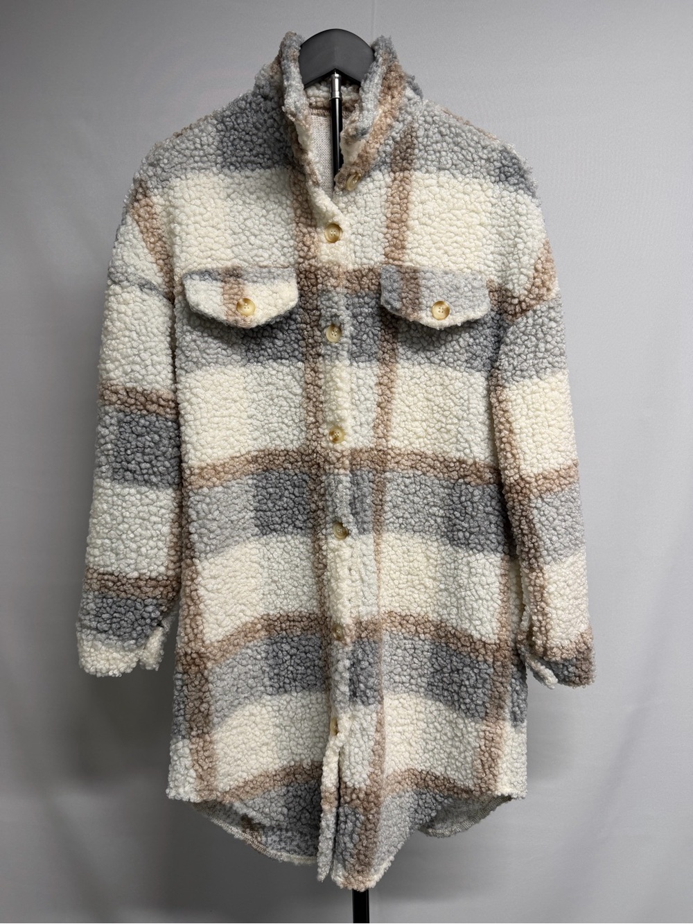 Checked Teddy Shacket in Cream, Gray & Brown